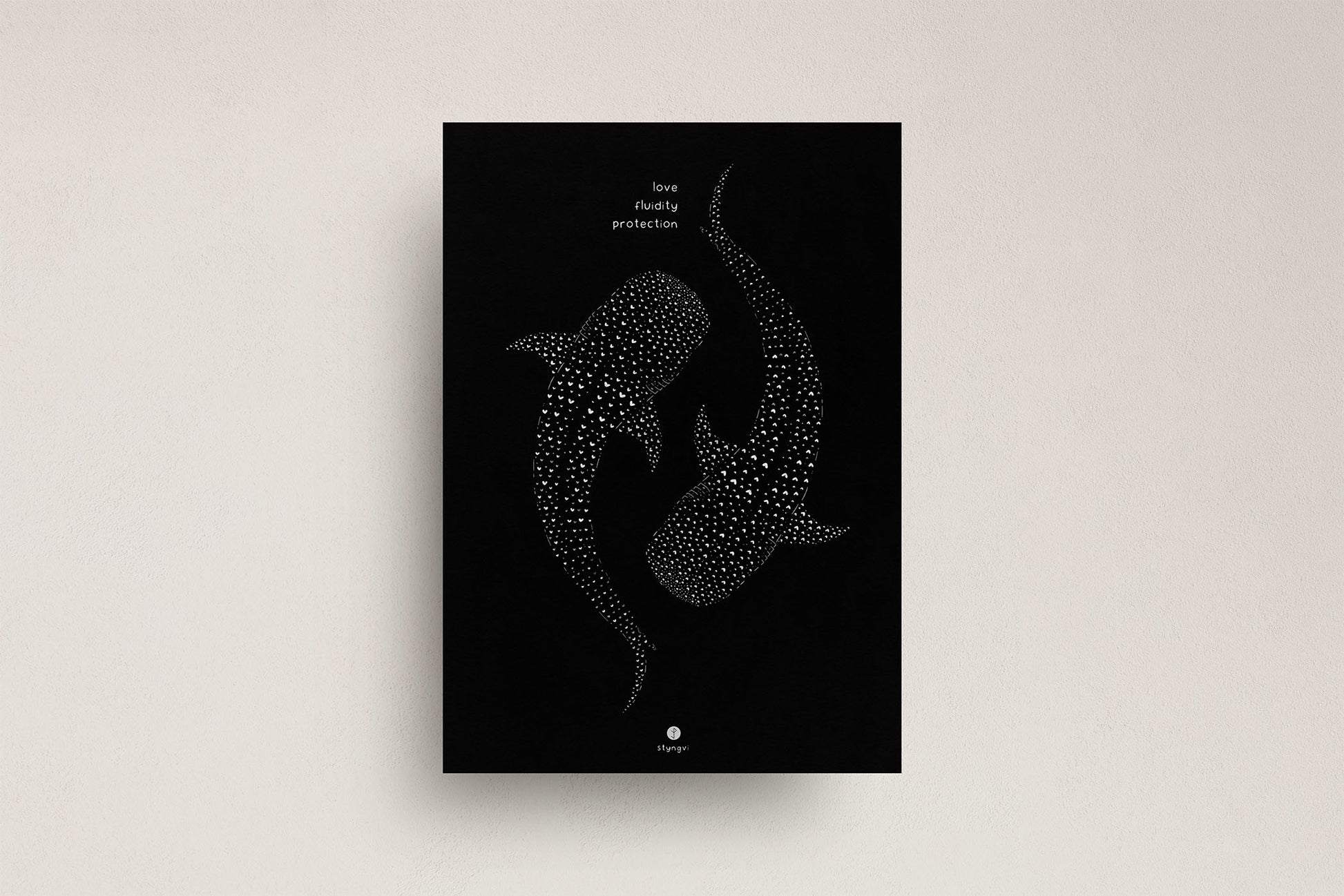 Art print of two illustrated whale sharks on white background, positioned in a balanced composition with the words ‘love, fluidity, protection’. A4 size