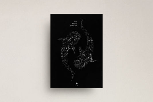 Art print of two illustrated whale sharks on white background, positioned in a balanced composition with the words ‘love, fluidity, protection’. A4 size