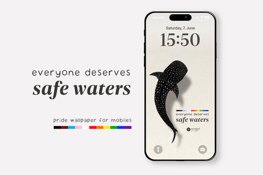 Mockup of smartphone displaying the ‘everyone deserves safe waters’ wallpaper with a whale shark made of hearts and inclusive Pride stripe