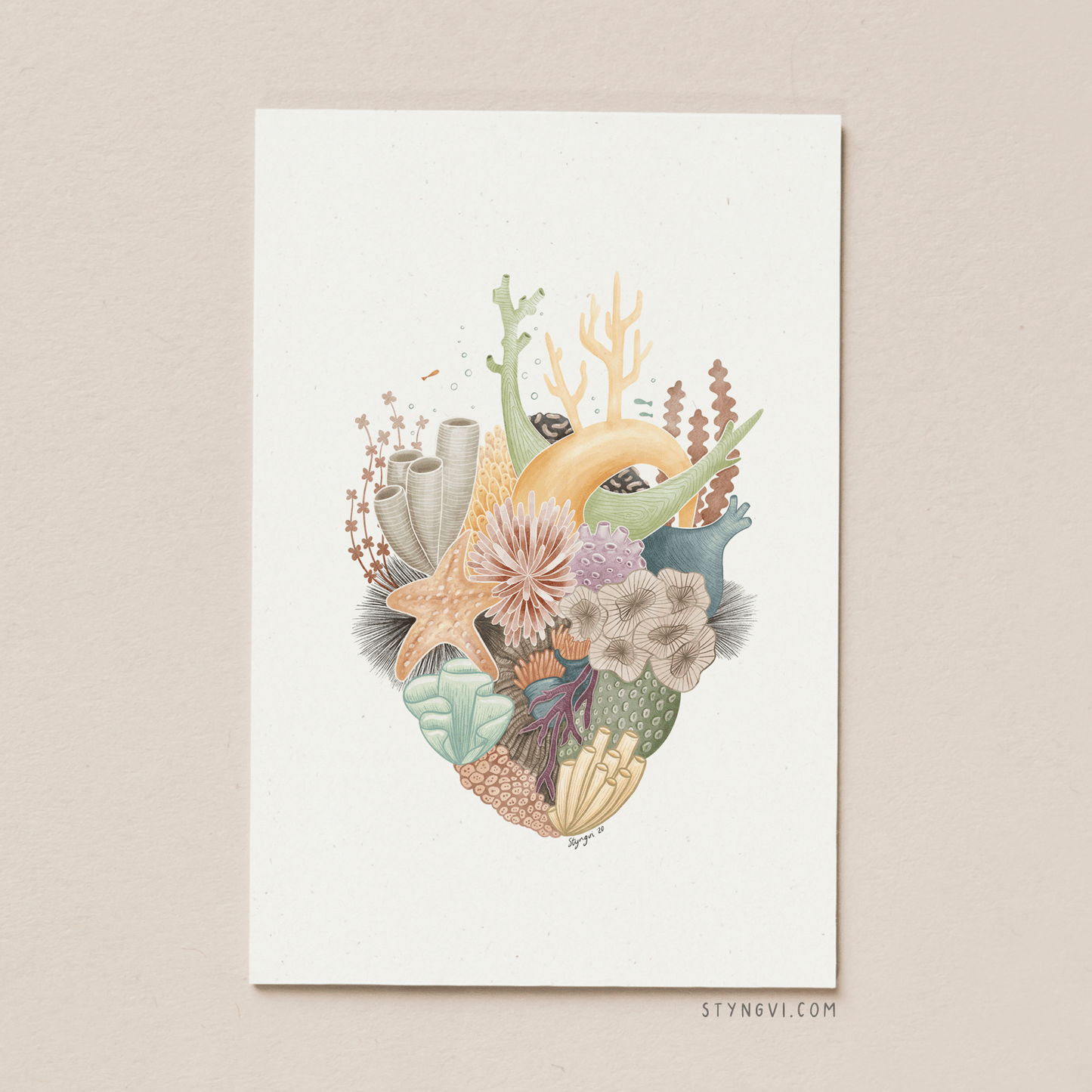 Styngvi A4 Print Green Heart Coral Heart - Art Print